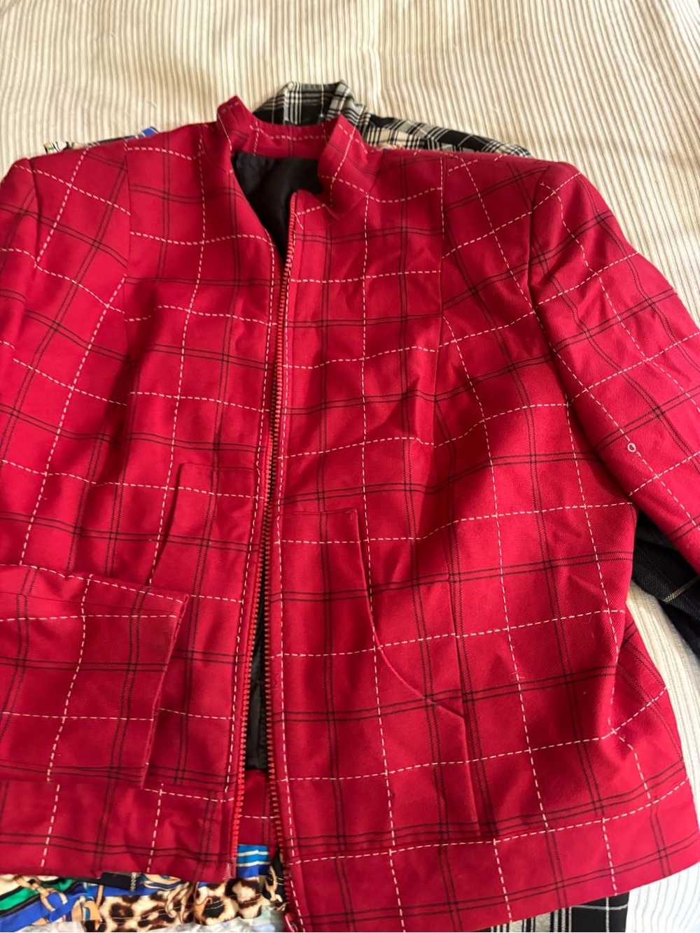 C.C Red Plaid Zip-Front Blazer Jacket
